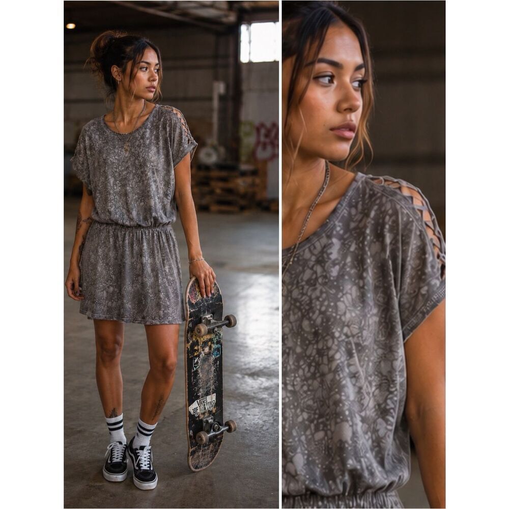 Vans Gray Casual Bleach Splatter Cotton Mini Dress Cutout Shoulder Cap Sleeve S